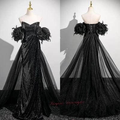 Sparkly Black Tassel Sequins Split Front Evening Dresses Trumpet / Mermaid Off-The-Shoulder Short Sleeve Backless Sweep Train Formal Dresses