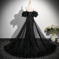 Sparkly Black Tassel Sequins Split Front Evening Dresses Trumpet / Mermaid Off-The-Shoulder Short Sleeve Backless Sweep Train Formal Dresses - Thumbnail 2