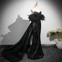 Sparkly Black Tassel Sequins Split Front Evening Dresses Trumpet / Mermaid Off-The-Shoulder Short Sleeve Backless Sweep Train Formal Dresses - Thumbnail 5
