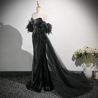 Sparkly Black Tassel Sequins Split Front Evening Dresses Trumpet / Mermaid Off-The-Shoulder Short Sleeve Backless Sweep Train Formal Dresses - Thumbnail 6