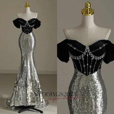 Elegant Silver Mermaid Off Shoulder Evening Gowns Chic Velvet Sequin Long Prom Dresses