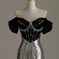 Elegant Silver Mermaid Off Shoulder Evening Gowns Chic Velvet Sequin Long Prom Dresses - Thumbnail 3