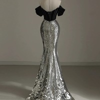 Elegant Silver Mermaid Off Shoulder Evening Gowns Chic Velvet Sequin Long Prom Dresses - Thumbnail 5