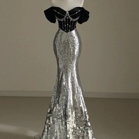 Elegant Silver Mermaid Off Shoulder Evening Gowns Chic Velvet Sequin Long Prom Dresses - Thumbnail 1