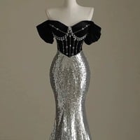 Elegant Silver Mermaid Off Shoulder Evening Gowns Chic Velvet Sequin Long Prom Dresses - Thumbnail 2