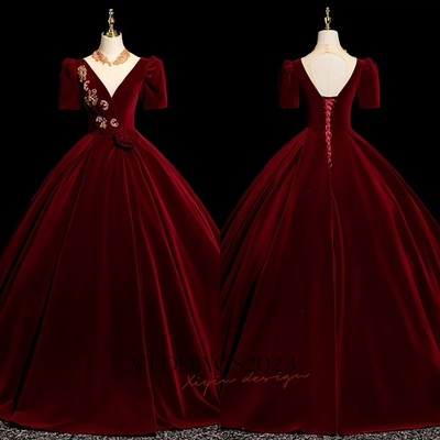 Elegant burgundy lace flower velvet prom dresses ball gown scoop neck short sleeve backless floor-length / long prom formal dresses