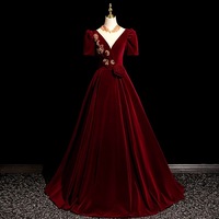 Elegant Burgundy Lace Flower Velvet Prom Dresses Ball Gown Scoop Neck Short Sleeve Backless Floor-Length / Long Prom Formal Dresses - Thumbnail 3