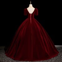 Elegant Burgundy Lace Flower Velvet Prom Dresses Ball Gown Scoop Neck Short Sleeve Backless Floor-Length / Long Prom Formal Dresses - Thumbnail 2
