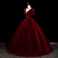 Elegant Burgundy Lace Flower Velvet Prom Dresses Ball Gown Scoop Neck Short Sleeve Backless Floor-Length / Long Prom Formal Dresses - Thumbnail 1