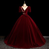 Elegant Burgundy Lace Flower Velvet Prom Dresses Ball Gown Scoop Neck Short Sleeve Backless Floor-Length / Long Prom Formal Dresses - Thumbnail 5