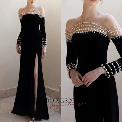 Elegant Velvet Evening Dress Women Luxury Pearls Long Sleeves Mermaid Pageant Dresses Black Split Illusion Back