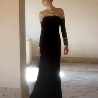 Elegant Velvet Evening Dress Women Luxury Pearls Long Sleeves Mermaid Pageant Dresses Black Split Illusion Back - Thumbnail 3