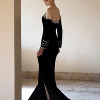 Elegant Velvet Evening Dress Women Luxury Pearls Long Sleeves Mermaid Pageant Dresses Black Split Illusion Back - Thumbnail 2