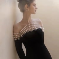 Elegant Velvet Evening Dress Women Luxury Pearls Long Sleeves Mermaid Pageant Dresses Black Split Illusion Back - Thumbnail 5