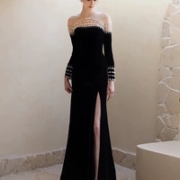 Elegant Velvet Evening Dress Women Luxury Pearls Long Sleeves Mermaid Pageant Dresses Black Split Illusion Back - Thumbnail 1