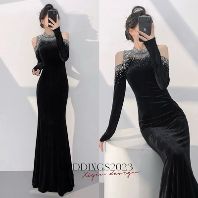Formal Velvet Rhinestone Mermaid Floor Length Prom Dress