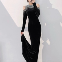 Formal Velvet Rhinestone Mermaid Floor Length Prom Dress - Thumbnail 2
