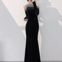 Formal Velvet Rhinestone Mermaid Floor Length Prom Dress - Thumbnail 1