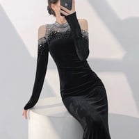 Formal Velvet Rhinestone Mermaid Floor Length Prom Dress - Thumbnail 4