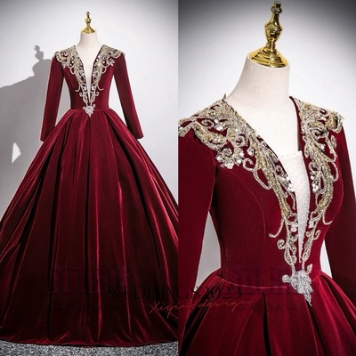Elegant Burgundy Beading Sequins Velvet Prom Dresses Ball Gown V-Neck Long Sleeve Floor-Length / Long Prom Formal Dresses