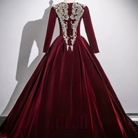 Elegant Burgundy Beading Sequins Velvet Prom Dresses Ball Gown V-Neck Long Sleeve Floor-Length / Long Prom Formal Dresses - Thumbnail 1