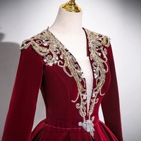 Elegant Burgundy Beading Sequins Velvet Prom Dresses Ball Gown V-Neck Long Sleeve Floor-Length / Long Prom Formal Dresses - Thumbnail 2