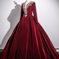 Elegant Burgundy Beading Sequins Velvet Prom Dresses Ball Gown V-Neck Long Sleeve Floor-Length / Long Prom Formal Dresses - Thumbnail 3