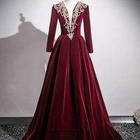 Elegant Burgundy Beading Sequins Velvet Prom Dresses Ball Gown V-Neck Long Sleeve Floor-Length / Long Prom Formal Dresses - Thumbnail 4