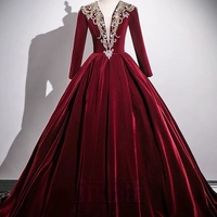 Elegant Burgundy Beading Sequins Velvet Prom Dresses Ball Gown V-Neck Long Sleeve Floor-Length / Long Prom Formal Dresses - Thumbnail 5