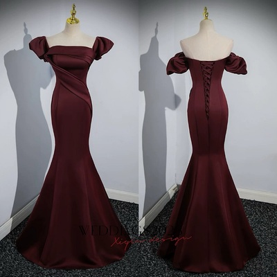 Off the shoulder burgundy satin long prom dresses, wine red mermaid formal evening dresses