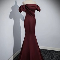 Off the Shoulder Burgundy Satin Long Prom Dresses, Wine Red Mermaid Formal Evening Dresses - Thumbnail 2