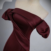 Off the Shoulder Burgundy Satin Long Prom Dresses, Wine Red Mermaid Formal Evening Dresses - Thumbnail 3