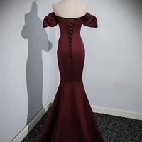 Off the Shoulder Burgundy Satin Long Prom Dresses, Wine Red Mermaid Formal Evening Dresses - Thumbnail 4