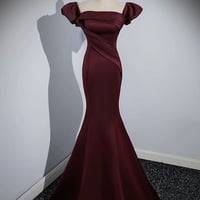 Off the Shoulder Burgundy Satin Long Prom Dresses, Wine Red Mermaid Formal Evening Dresses - Thumbnail 1