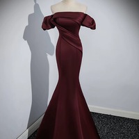 Off the Shoulder Burgundy Satin Long Prom Dresses, Wine Red Mermaid Formal Evening Dresses - Thumbnail 6