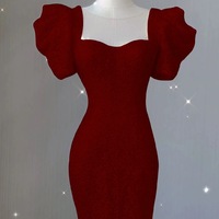 Sexy Mermaid Lace Party Dresses Red Short Sleeves Backlees Back Prom Dresses - Thumbnail 5