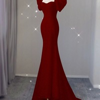 Sexy Mermaid Lace Party Dresses Red Short Sleeves Backlees Back Prom Dresses - Thumbnail 2