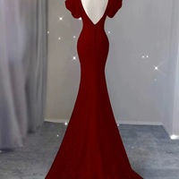 Sexy Mermaid Lace Party Dresses Red Short Sleeves Backlees Back Prom Dresses - Thumbnail 3