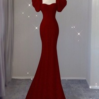 Sexy Mermaid Lace Party Dresses Red Short Sleeves Backlees Back Prom Dresses - Thumbnail 1