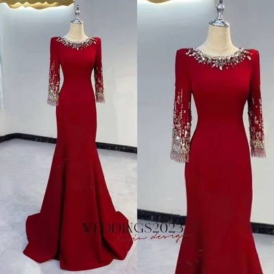 Elegant red boat neck rhinestone maxi dress mother of the bride dress