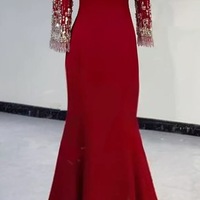 Elegant Red Boat Neck Rhinestone Maxi Dress Mother of the Bride Dress - Thumbnail 2