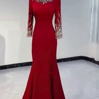 Elegant Red Boat Neck Rhinestone Maxi Dress Mother of the Bride Dress - Thumbnail 3