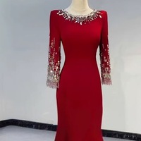 Elegant Red Boat Neck Rhinestone Maxi Dress Mother of the Bride Dress - Thumbnail 4