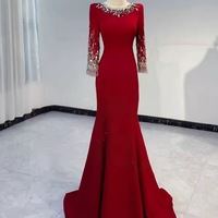 Elegant Red Boat Neck Rhinestone Maxi Dress Mother of the Bride Dress - Thumbnail 5
