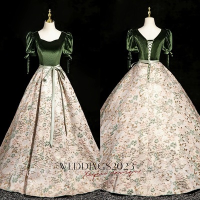 Elegant Jacquard Satin Prom Ball Gown Puffed Sleeve Velvet Quinceanera Dresses