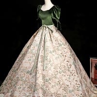 Elegant Jacquard Satin Prom Ball Gown Puffed Sleeve Velvet Quinceanera Dresses - Thumbnail 1