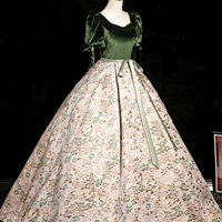 Elegant Jacquard Satin Prom Ball Gown Puffed Sleeve Velvet Quinceanera Dresses - Thumbnail 2