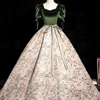 Elegant Jacquard Satin Prom Ball Gown Puffed Sleeve Velvet Quinceanera Dresses - Thumbnail 4