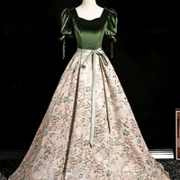 Elegant Jacquard Satin Prom Ball Gown Puffed Sleeve Velvet Quinceanera Dresses - Thumbnail 5