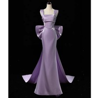 Purple Satin Mermaid Satin Long Party Dress with Bow, Purple Satin Evening Dress Prom Dress - Thumbnail 1